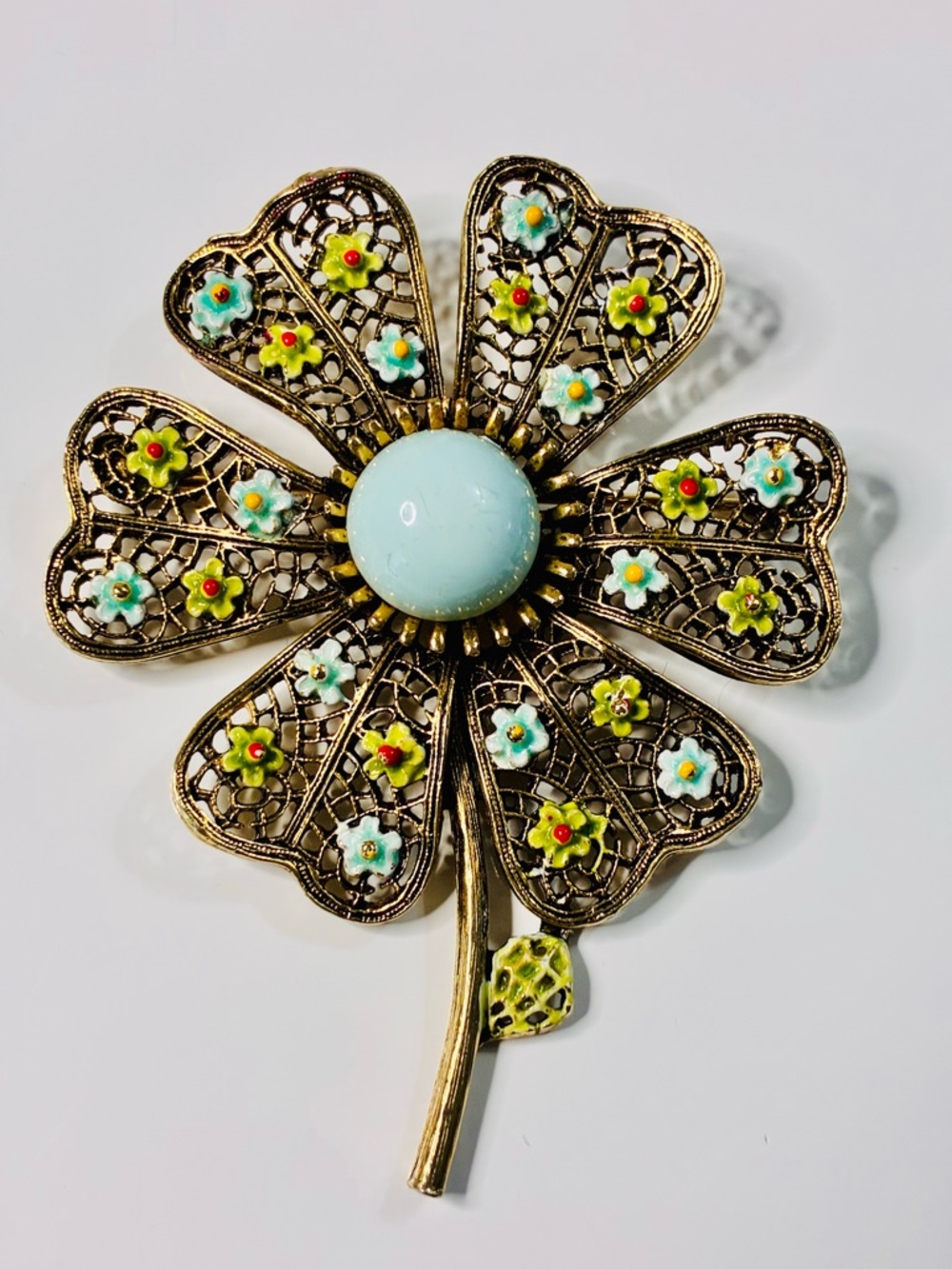 VTG Art Floral Filigree Flower Brooch with Pale Blue Cabochon Signed Oversized